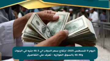 اليوم 9 أغسطس 2025: ارتفاع سعر الدولار إلى 48.5 جنيه في البنوك و48.98 بالسوق الموازية – تعرف على التفاصيل